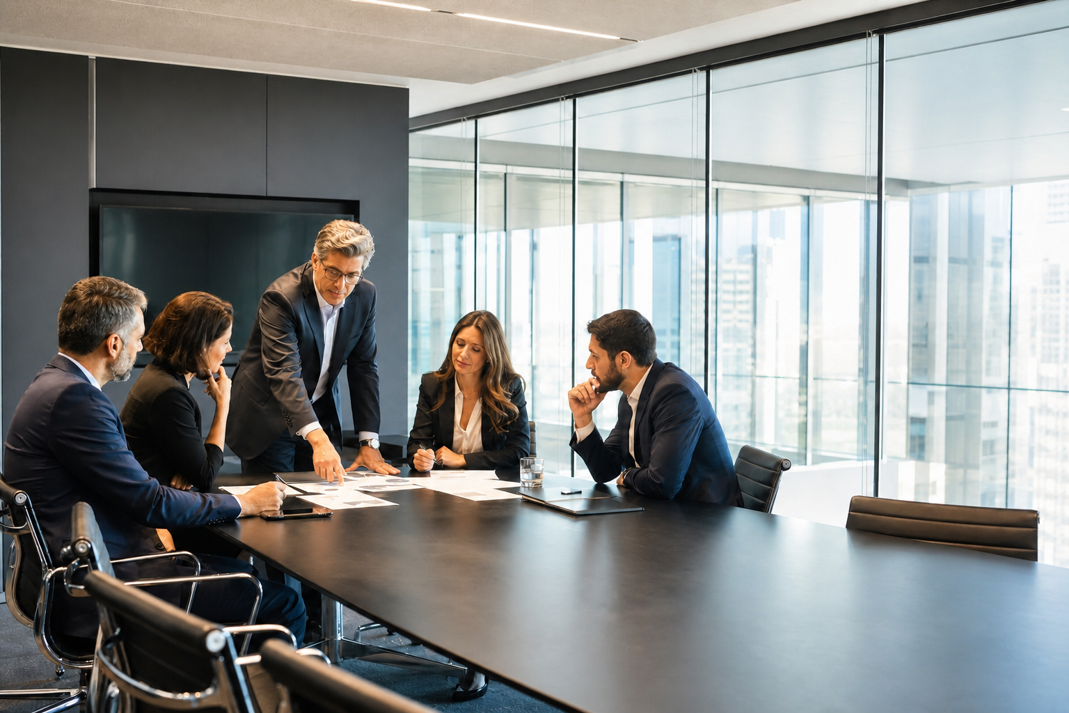 Equipe em reunião estratégica em um escritório contemporâneo
